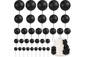BAANFLY 55 Pieces Mini Balls Cake Toppers 5 Sizes Foam Ball Cake Picks Cake Decorations Black Color Mini Balloons Stick Cake Cupcake Toppers for Valentine's Day Baby Shower Party Supplies (Size1.5-4Cm)