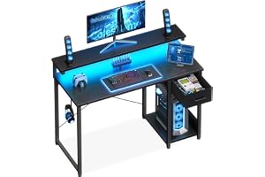 Coleshome Spelbord med LED-Lampor, 100x45cm, Svart | Gamingbord med Lådor, Litet Vändbart Skrivbord med Skärmhylla och Hörlur