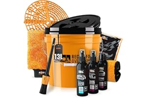 SHINY FREAKS ADBL Kit de lavage voiture: Kit seau de lavage (3,5GAL | orange) y grit & couvercle pour le lavage à la main de la voiture - nettoyage, entretien & vitrification de la peinture et des jantes | 10-pcs