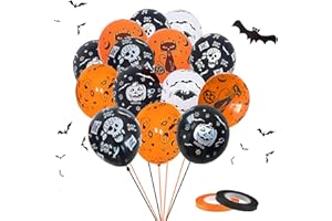 ZHOUHON 60PCS Halloween Ballons en Latex Haute qualité Orange Noir Blanc Imprimé Fantôme Araignée Chauve-Souris Citrouille Crâne, Halloween Décoration Set, Fete d’Halloween (Noir,Orange,Blanc)
