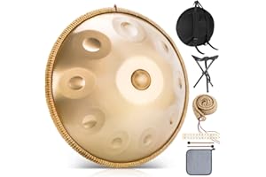 BIILOYY Handpan Instrument 440 Hz, 10 toni, 22 pollici, Handpan in d-Moll, tamburo per lingua con borsa, bacchetta, supporto, per principianti, professionisti, musicoterapia (oro, 10 toni 440 Hz)