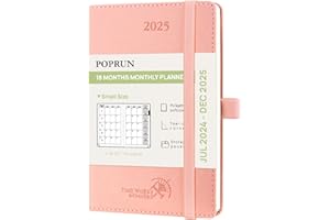 POPRUN Month to View Diary 2025 A6 (16x10.5cm) Pocket (18-Month: Jul'24 - Dec'25) Monthly Planner Softcover Small 24/25 Diary, Sunday Start (Pink)