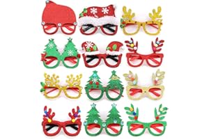 KUNGFU MALL 12PCS Christmas Glasses Novelty Xmas Glasses Glitter Party Glasses Decorations Fancy Dress Costume Glasses Selfie Photo Prop Xmas Eyeglasses Christmas Party Decor Novelty Glasses for Kids Women Men