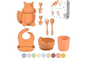TudoBem Set Pappa Svezzamento [8 pezzi], Piatto con Ventosa per Bambini, Bavaglini Neonato, Posate 6 mesi e Cucchiaio Silicone Neonato, Ciotola Antiscivolo, Kit Bimbo e Bambina Senza BPA (Arancione)