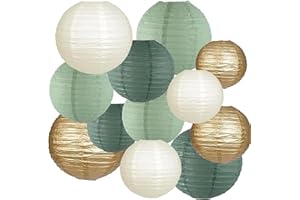 We Moment Zone 12pcs Paper Lanterns Decorative，Sage Green and Gold Ivory Round Paper Lanterns for Rustic Wedding Bridal Shower Birthday Party Decor