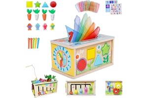BASAMOU Jouet Montessori Boite Mouchoir Bébé 6-18 Mois, 7 en 1 Jeux Montessori Cube d'activité Bebe 1-3 Ans Enfant Jouet d'éveil Éducatif en Bois, Motricité Jeux Sensoriels, Garcon Fille Cadeau Noël