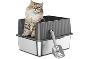 Barhon Stainless Steel Cat Litter Tray Small 43 x 33 x 29 CM, Cat Litter Boxes for Kittens, Metal Kitty Litter Tray Litter Box with High Sides, Easy to Clean, Non Sticky Bottom, Odor-Free, Dark Grey