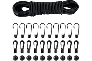 SOYANN Cuerda Elástica de 4mm x 10m, Cuerda Elástica Fuerte Segura con 10 Ganchos de Cuerda, 10 Bolas y 10 Ganchos De Plástico, Pulpos Elasticos para Barco, Camping, Kayak, Hamaca - Proyectos de Bricolaje