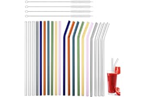 Fiyuer pajitas Vidrio 20 Pcs Reutilizables Paja de Vidrio para Licuado de Cóctel y Bebidas Calientes con 4 Cepillo Limpieza Paja (Curvas y Rectas)