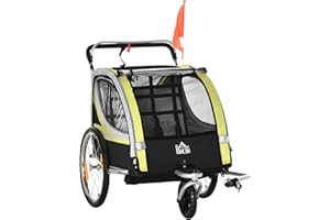 HOMCOM Rimorchio Bici per Bambini e Passeggino, Design 2 in 1 con Freno, Cintura a 5 Punti, Carrello Rimorchio per Bicicletta con Tasche Laterali, Catarifrangenti e Bandierina