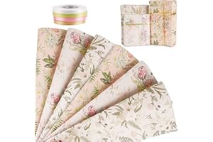 BHGT Papier d'Emballage Cadeau de Fleurs Colorées et 4 Rouleaux de Rubans de Soie pour Emballage Décoratif Artisanal Cadeau Fête Mariage Anniversaire