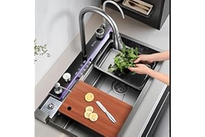 GXSDYYDS Fregadero de cocina negro de acero inoxidable con grifo, extensible, 80 x 45 cm, fregadero de cocina, empotrable con cascada, de acero inoxidable, 1 lavabo con muchos accesorios, 7 (80 cm)