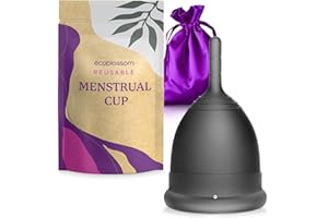EcoBlossom Reusable Menstrual Cup - The Most Reliable Medical Grade Silicone Period Cups - Comfortably use for 12 Hours. One Small Size Black Cup.