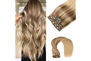 VINBAO Clip in Extensions Echthaar Balayage Aschbraun bis Karamell Blond Remy Clip in Haarverlängerung Gerade Dickes Echthaar 14 Zoll 100g 6 Stück (#10/16/16,35cm)