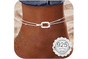 MILACOLATO 925 Sterling Silver Anklets for Women Dainty CZ Parperclip Heart Layered Waterproof Silver Ankle Bracelets Adjustable Extra Large Anklet Beach Foot Jewellery