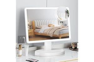 FUNTOUCH Duże podświetlane lusterko kosmetyczne do makijażu ze światłem (model XL) – 3-kolorowe oświetlenie podświetlane lustro z 88 diodami LED, ekran dotykowy obracany o 360°, powiększenie 10x, przenośne