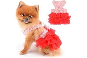 PAIDEFUL Robe tutu pour petit chien en denim rayé organza nœud perles jupe d'été douce confortable respirant vêtements sans manches boutons costume fête d'anniversaire rouge, S