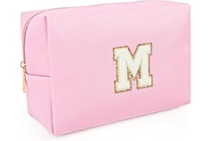 HIYOUER Personalized Makeup Bag Pu Leather Waterproof Cosmetic Bag Bride Bridesmaid Make up Bag Birthday Gifts for Girl Women Mom Friend(Pink Letter M)
