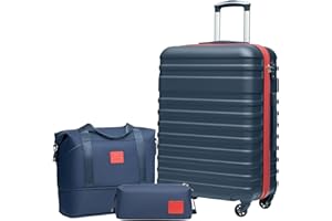 COOLIFE Valise, Valises Rigide Valise Soute, Sets de Bagages Comprend 1 Sac de Voyage et 1 Trousse de Toilette, Cadenas TSA pour Les Voyages, Bleu/Rouge, Set de 3 Valises (24")
