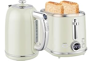HOMCOM Digital Kettle and Toaster Set with LED Screen, 1.7L 3000W Kettle with 3Hr Keep Warm Memory Function & 12 Temperatures Control, 2 Slice Toaster with 6 Browning Controls, Crumb Tray, Grey