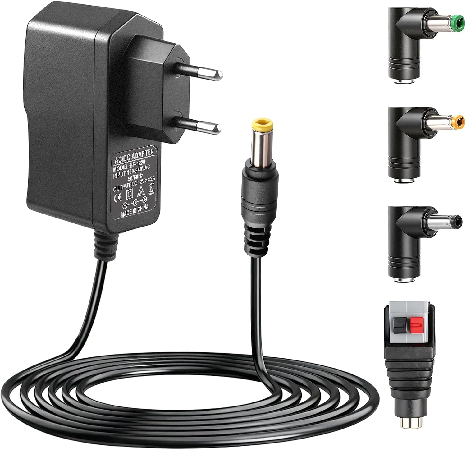 12V 2A 24W Transformador Fuente de Alimentación Universal 5,5x2,1 mm con 4 Enchufes 5,5x2,5mm, 4,0x1,7mm, 3,5x1,35mm y Conector LED, AC Cargador Alimentador Cable 2m para Router, Cámaras, Tiras LED