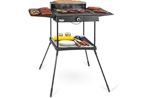 Stagecaptain EBBQ-2000 Grill Électrique 2000W 3en1 - Table/Pied, Grille & Plaque, Intérieur/Extérieur, Antiadhésif, Bac à Graisses, Réglage Continu.