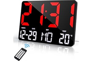 Lafocuse 12" LED Reloj de Pared Digital con Pantalla Grande, Silencioso Reloj Digital Sobremesa con Temperatura, Fecha, Alarma, Snooze, 12/24 Horas, Brillo Ajustable, para Salon Cocina Oficina, Rojo