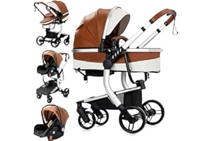 Reenborn Cuir PU Poussette 3 en 1, Poussette Bebe avec Réversible Deux Façons de Pousser, Pousette avec Cadre Aluminium Haute Paysage, Pousette 3 en 1 avec Conception Pliable en Un Clic (518 Khaki)