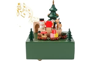 Carillon di Natale, AIMMIE Carillon vintage con treno di rotazione Meccanismo scolpito in legno Artigianato musicale Carillon in legno Pupazzo di neve Alce Decorazione natalizia Carillon regalo per