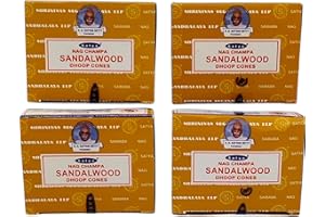 RUSHANT Nag Champa Sandalwood Dhoop Cones, 4 Packs of 12 Cones Each, Incense for Meditation, Yoga, Relaxation, and Aromatherapy