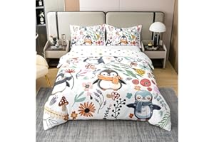 HOMEWISH Süßer Pinguin 100% Bio-Baumwolle Bettbezug für Jungen Mädchen,Winter Wildlife Tröster Abdeckung,Cartoon Pinguin mit Schal Bettwäsche Set,Bunte Blumen Pilz Bettdecke 135x200
