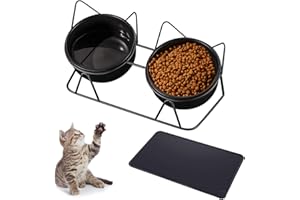 Lvefyti Katzennapf Erhöht Keramik, Fressnapf 2er Set mit Unterlage Katzen Napfset Porzellan mit Katzennapfmatte für Essen und Trinken Erhoehter Futternapf Katze Hundenapf Erhöht(Schwarz)