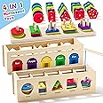 4 in 1 Shape Sorter Sorting and Stacking Toys Wooden Montessori Toy 12 Months Baby Boys Girls Preschool Educational Toys Colour Matching Counting Fishing Game for Toddler 1 2 3 Year Old Gifts
