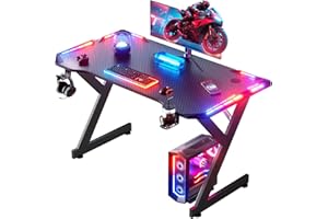 ‎HLONONE HLONONE Gaming Table with LED, Gaming Desk 100 x 60 cm, Sturdy Computer Desk with Carbon Fibre Coating, Gamer Table with Cup Holder and Headphone Hook, Black