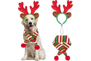 HYLYUN 2 pcs Pet Christmas Costumes Set Reindeer Headband and Cat Dog Scarf Christmas Outfit Adjustable Headdress for Puppies Small Cats Dogs Pets