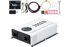 OUBOTEK Falownik 3000 W / 6000 W, czysty sinus DC 12 V na AC 230 V, z bezprzewodowym pilotem zdalnego sterowania, wyświetlaczem LCD, 2 gniazda AC 2 gniazda USB A i 1 typ C, przetwornica napięcia do