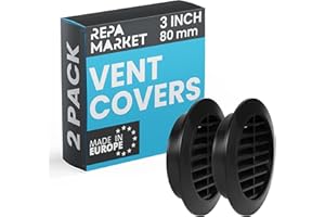 Repa Market 80mm Pack of 2 Black Vent Cover with Mesh Screen - Plastic Soffit Ventilation Grill - Louvered Vent for Indoor, Outdoor Wall Ducting - HVAC Louvre Grille for Kitchen, Bathroom