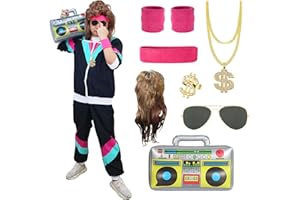 BITOYO Disfraces Años 80 Hombre Mujer, Disfraz Chándal años 80 con Chaqueta Pantalón Peluca Vokuhila Gafas Piloto Diadema Muñequeras y Radio, Disfraz Años 80 90 Chándal Retro para Carnaval Fiesta