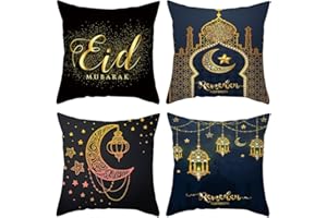 SURAKEY Set di 4 federe per cuscino Ramadan, 45 x 45 cm, Eid Mubarak, decorazione per cuscino Eid Ramadan, con luna dorata, motivo a lanterna, per divano, musulmano