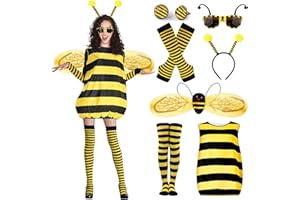 ATOWORLD Bienenkostüm Erwachsene Damen mit Bienen Kostüm Kleid Flügel Haarreif Handschuhe Socken Ohrringe Brille Karneval Kostüm Biene Damen Biene Bienen Kostüm Damen Kleidung für Faschingskostüm Verkleidung
