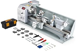 CREWORKS 1100W Tornio in Metallo da 22 x 61 cm con Mandrino a 3 Ganasce e Velocità Max. 3500 giri/min, Tornio da Banco per Metalli con Display LCD Motore CC Filettatura, Tornitura, Foratura