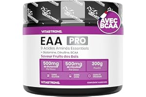 VITASTRONG. EAA PRO 9 Acides Aminés Essentiels Vitastrong, EAA en poudre 300g aux Fruits Rouges, Acides Aminés Ramifiés BCAA, Glutamine, L Citrulline, L Tyrosine, L Lysine, L Tryptophane, Méthionine, Leucine Pure