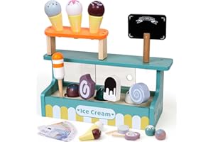 Atoylink 52piezas Heladeria Juguete de Madera Helado Comida Juguete Helado Caja Registradora Juguetes Alimentos de Juguete Juego de imitación Juego Educativo Regalo para niños y niñas 3 4 5+ Anos