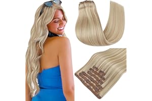 RUNATURE Blonde Clip in Hair Extensions Real Human Hair Ash Blonde Highlight Platinum Blonde Clip on Hair Extensions Human Hair Blonde Clip in Real Hair Extensions 14 Inch 120 Gram
