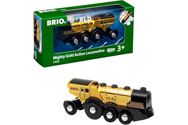 BRIO World - 33630 - Locomotive Dorée Puissante à Piles - Train électrique Son et lumière - pour Circuit de Train en Bois - Jouet pour garçons et Filles dès 3 Ans