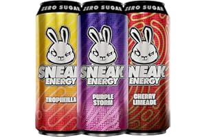 SNEAK Energy Drink Cans | Cherry Limeade, Purple Storm & Tropikilla with Brainberry | No Sugar. No Junk. Just Natural Caffeine, Focus-Boosting Nootropics in a Can | 500ml x 12