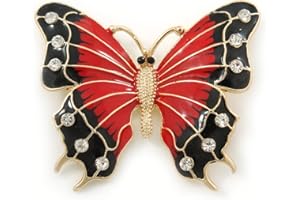 Avalaya Red/Black Enamel, Crystal Butterfly Brooch in Gold Tone - 55mm L