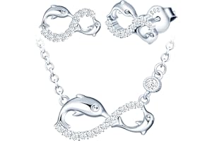 INFINIONLY Juegos de joyas, Pendientes Pulsera Collar colgante para mujer niña, pendientes pulsera collar de plata 925, Juegos de joyas con símbolo de infinito y delfín lindo, con circón, plata