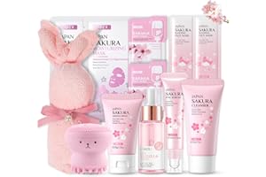 ‎SHEFAVE Shefave Sakura Gesichtspflege Set Damen, Skincare Set mit Reiniger, Serum, Creme, Augenserum, Gesichtsbürste, Handtuch, Schlafmaske, Skin Care Adventskalender, Beauty Set Teenager Mädchen
