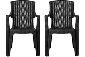 simpa Stackable High Back Plastic Rattan Effect Garden Chairs - Graphite Set of 2
